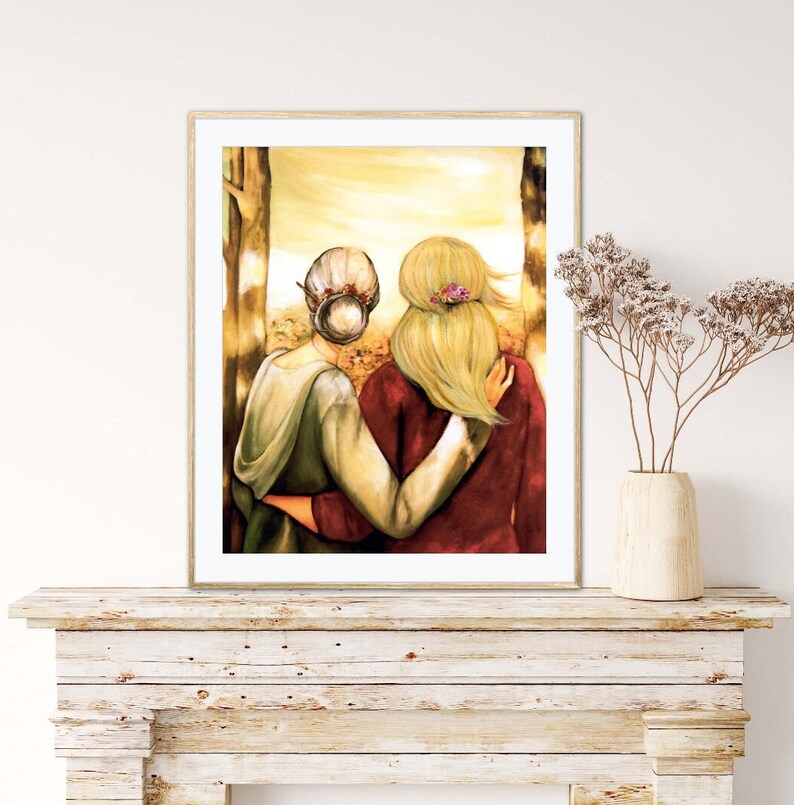 May include: A painting of two women standing side-by-side, with the woman in the back embracing the woman in front. The woman in the back has long blonde hair and is wearing a burgundy dress. The woman in front has short, dark hair and is wearing a green dress. The background is a blurred image of trees and a golden sky.
