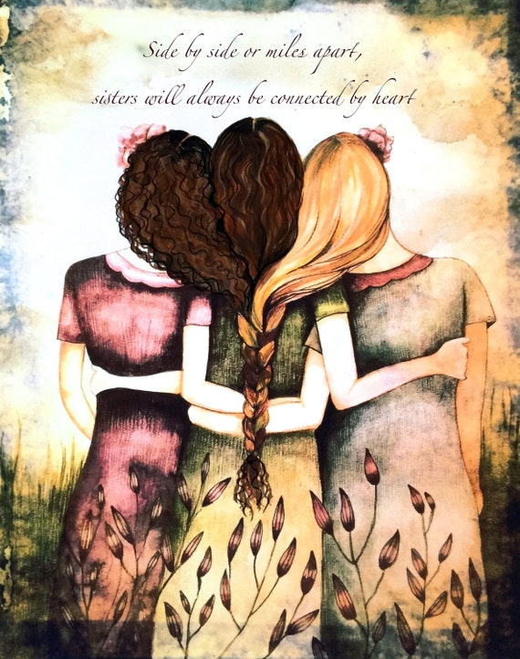 Siblings gift| side by side or miles apart| sisters will always be connected by heart with brown curly and blond hair woman artwork