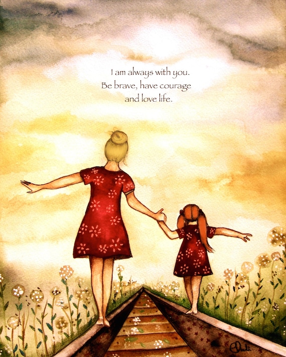 Mother and daughter brown and red  "our path" art print, gift idea mother's day