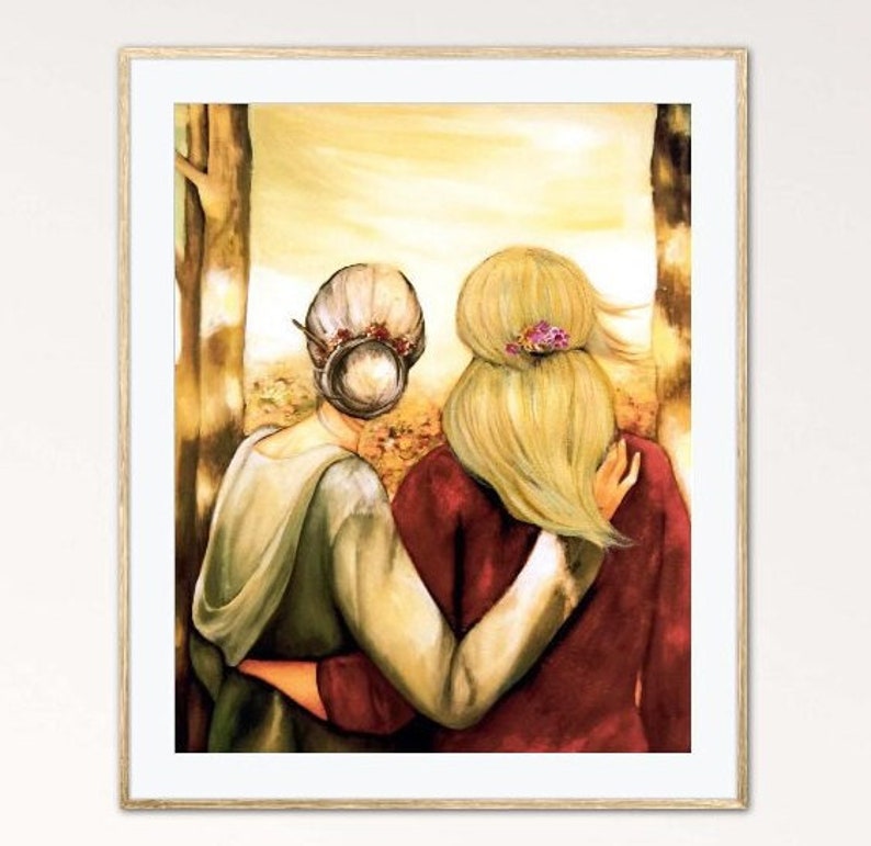 May include: A painting of two women standing close together in a forest. The woman in the front is wearing a red dress and has long blonde hair. The woman behind her is wearing a green dress and has short gray hair. The painting is done in a soft, watercolor style.