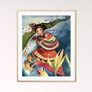 Mutter und Kind Kunstdruck - Boho Anden Wandkunst, buntes Aquarell, heilig weiblich, Folk Stil Geschenk für Mama oder Kinderzimmer Dekor.