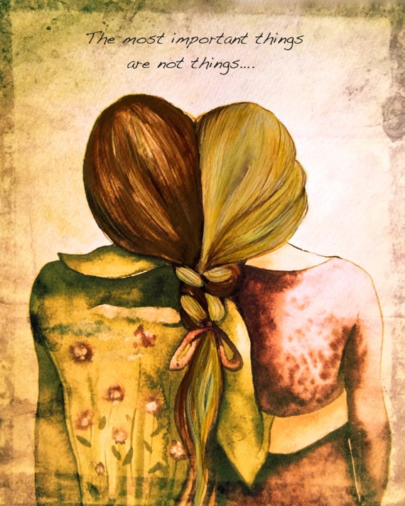 Sister art print, Best friend gift, whimsical watercolor of two girls,  sentimental art with butterflies and flowers, soul sister