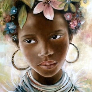 May include: A portrait painting of a young woman with dark skin. She is wearing a floral crown and a beaded necklace. Her eyes are looking directly at the viewer.