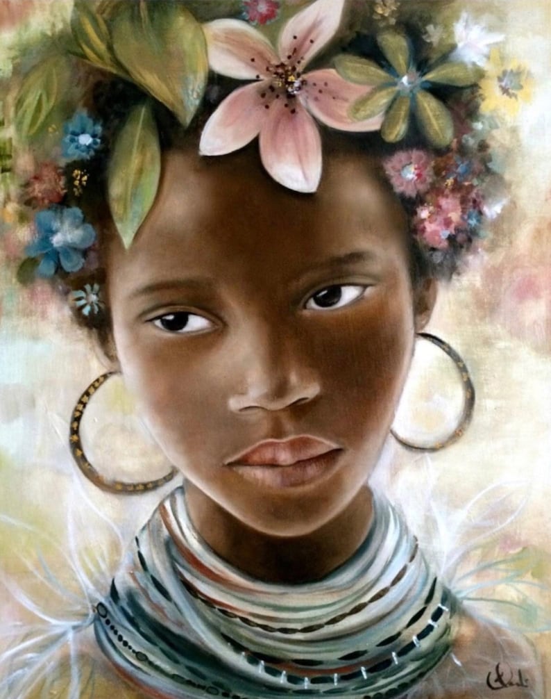 May include: A portrait painting of a young woman with dark skin. She is wearing a floral crown and a beaded necklace. Her eyes are looking directly at the viewer.