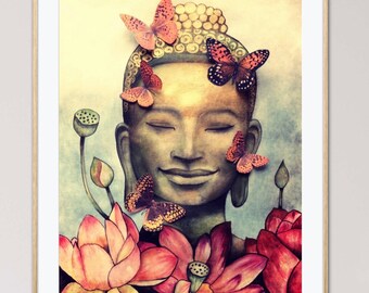 Buddha Butterfly Art Print, Lotus Flower, Whimsical Wall Decor