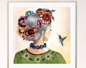 Whimsical Hummingbird Art Print, Woman with Flowers