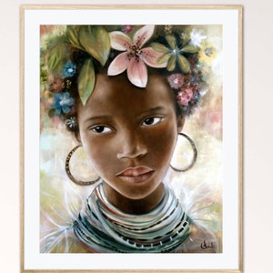 May include: A painting of a young woman with dark skin, wearing a colorful beaded necklace and large hoop earrings. Her hair is adorned with a crown of pink, white, and green flowers.