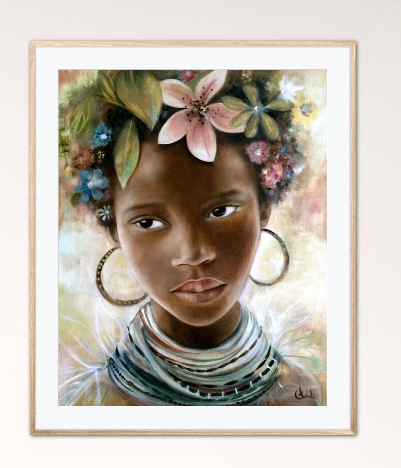 May include: A painting of a young woman with dark skin, wearing a colorful beaded necklace and large hoop earrings. Her hair is adorned with a crown of pink, white, and green flowers.
