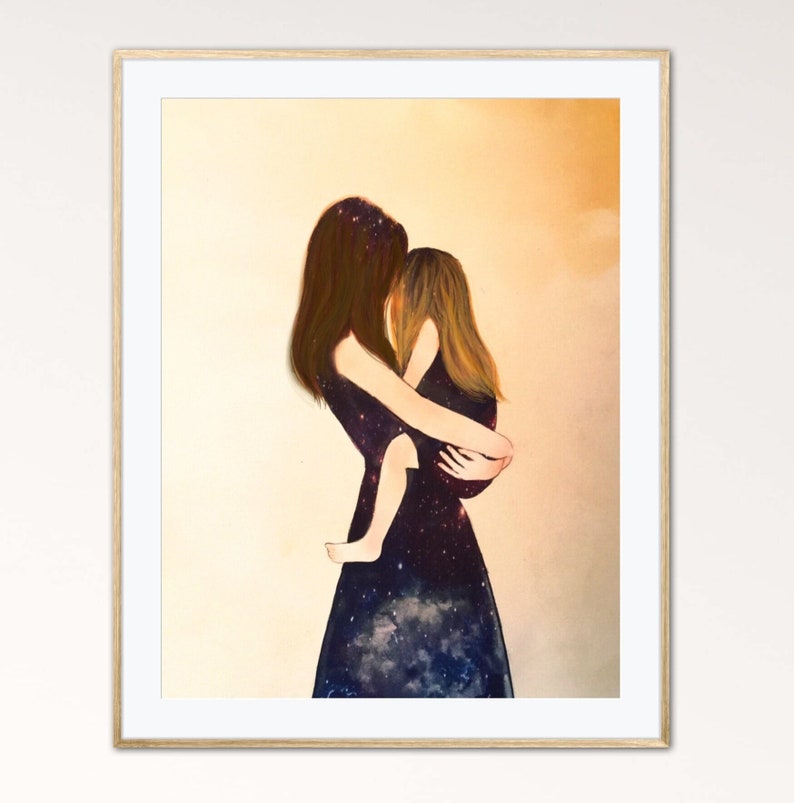 May include: A watercolor painting of a mother and daughter embracing. The mother is wearing a dress with a galaxy print, and the daughter is wearing a white dress. The background is a soft orange color.