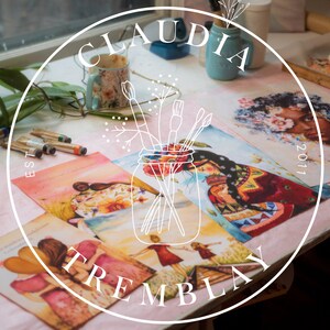 May include: A white circle with the text "CLAUDIA TREMBLAY EST 2011" around the edge. Inside the circle are four watercolor paintings of women. The paintings are on a pink surface with paintbrushes and paint tubes.