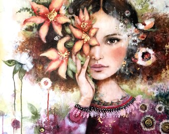 female empowerment,art print ,drawing, love, portrait artwork ,claudia tremblay girl with with orange lilies