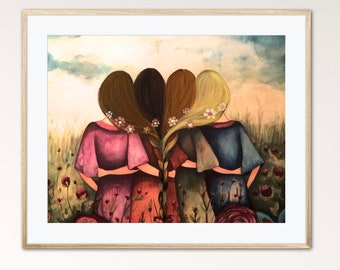 Gift for sister, The four sisters best friendsbridesmaids present  art print woman artwork artist