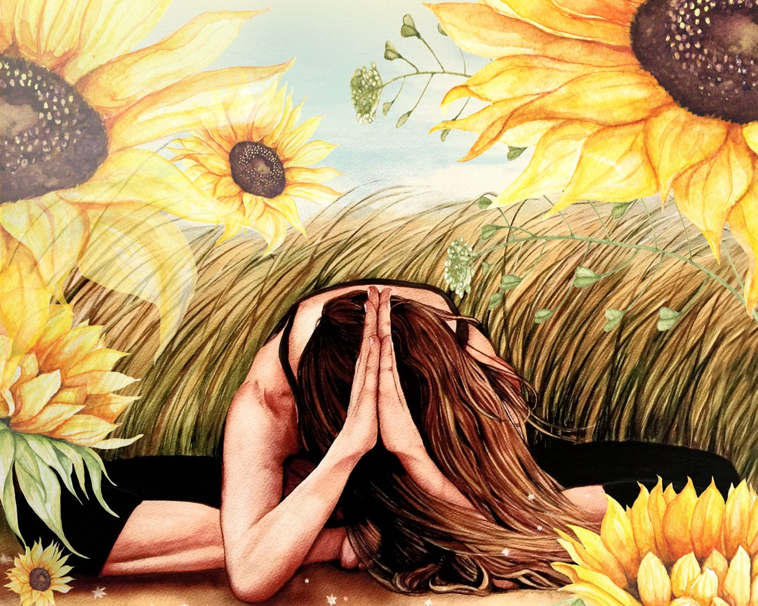 Sunflower Yoga Art Sunflower Meditation Art Woman Artwork Artist Etsy