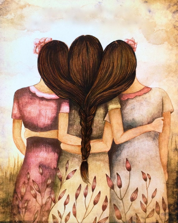Sibling gift| Tree sisters best friends  with brown hair art print woman artwork