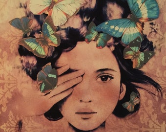 female empowerment,art print ,drawing, love, portrait artwork ,claudia tremblay butterflies in her hair, vintage .