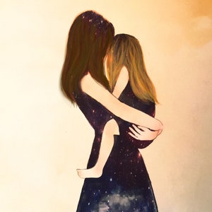 May include: A painting of a mother and daughter hugging. The mother is wearing a black dress with a galaxy print. The daughter is wearing a white dress. The background is a light orange color.