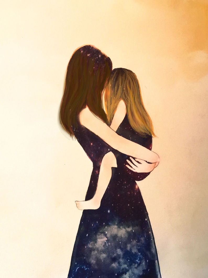 May include: A painting of a mother and daughter hugging. The mother is wearing a black dress with a galaxy print. The daughter is wearing a white dress. The background is a light orange color.