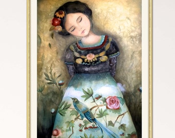 Whimsical Girl Portrait Art Print, Floral Dress Wall Decor