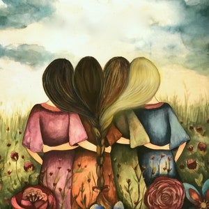 Sister wall art print, frienship wall art, sentimental gift for her, colorful feminine art work, gift for best fiend, femele unity art work.