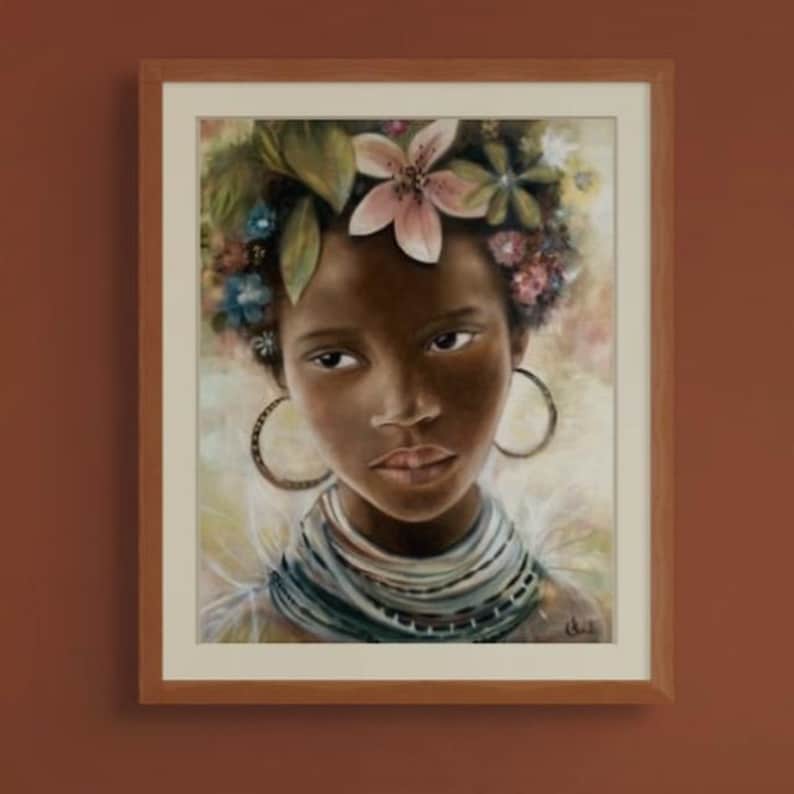 May include: A painting of a young woman with dark skin, wearing a floral crown and a beaded necklace. Her eyes are dark and her expression is serious. The background is a soft, light color.