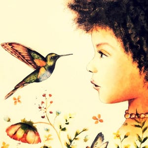 May include: Watercolour painting of a person gazing at a hummingbird in flight. The bird has green, orange, and blue feathers. The person has dark curly hair and wears a beaded necklace. Flowers and a dragonfly are in the foreground.