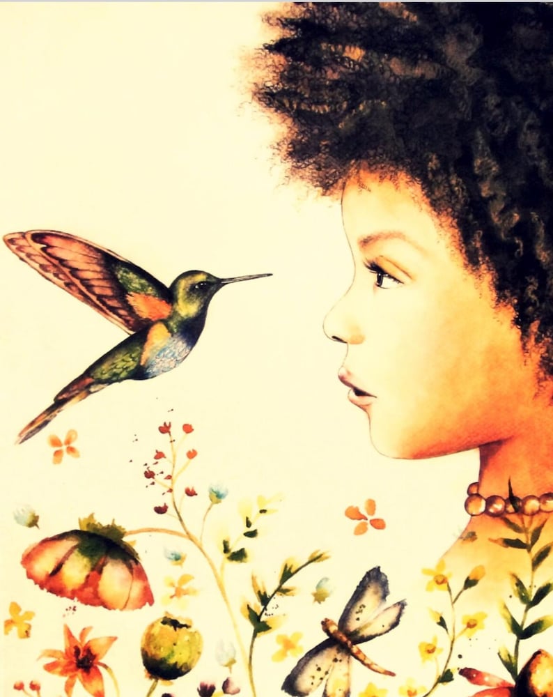 May include: Watercolour painting of a person gazing at a hummingbird in flight. The bird has green, orange, and blue feathers. The person has dark curly hair and wears a beaded necklace. Flowers and a dragonfly are in the foreground.