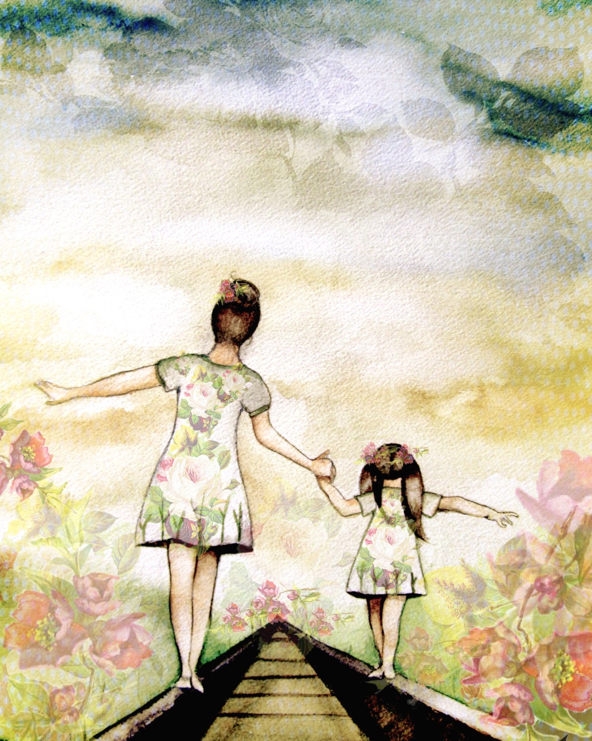The Eldest Daughter Walks Down The Flower Path Mother and daughter our path art print with roses | Etsy