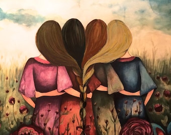 Gift for sister, Personalized wall art The four sisters best friendsbridesmaids present  art print woman artwork artist