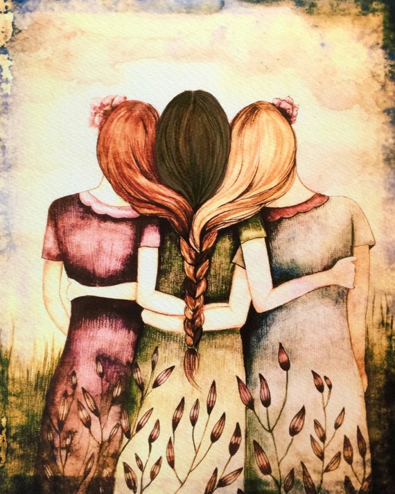 sister gift to sister| gift for friend| intertwined hair| braided hair |wall art gift for sister Three sister braided hair blonde red brown