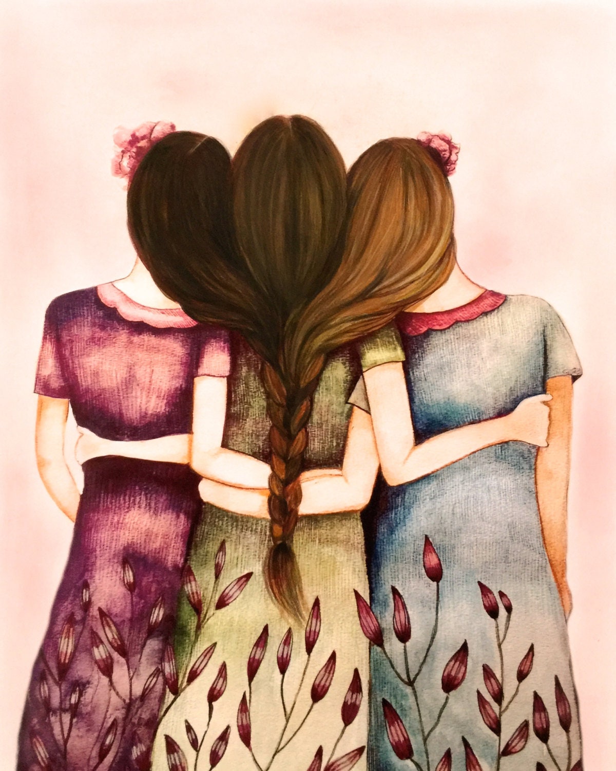 Buy Sibling Gift Three Sisters Best Friends With Brown Hair Art ...