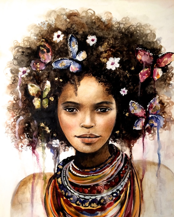 Black woman art|woman with butterflieswoman art print| whimsical art| gift for woman woman artwork