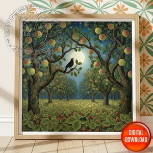 May include: A framed digital print of an orchard scene at night. The artwork features apple trees laden with fruit, a black bird perched on a branch, and a full moon. The foreground shows strawberries and flowers. The print is in a wooden frame.