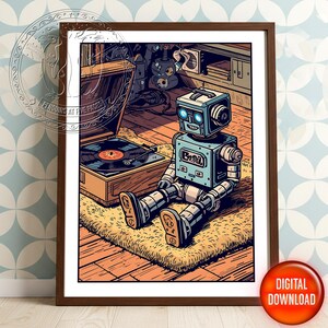 May include: A framed digital art print featuring a cartoon robot sitting on a rug, listening to a record player. The robot is light blue with silver accents. The print has a vintage aesthetic, with warm tones and a retro style.