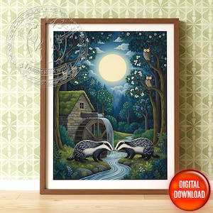 May include: A framed print featuring a whimsical forest scene with a full moon, a watermill, and two badgers. The artwork is rich in blues, greens, and browns, with a digital download option.
