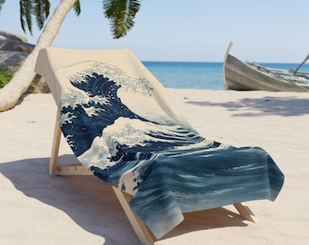 Wave Beach Towel | Hokusai Ocean Print, Coastal Calm Towel