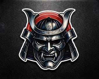Chrome Samurai Mask Kiss-Cut Stickers | Metallic Helmet Illustration