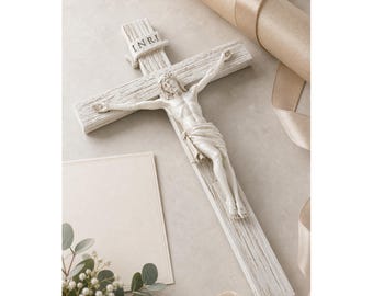White Wall Crucifix, 12.6 Inch Catholic Jesus Cross, Resin INRI Crucifix Wall Decor for Prayer Room Home Altar Religious Gift