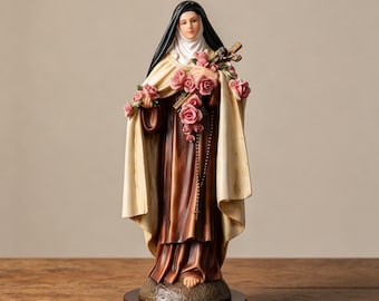 St. Therese Little Flower Statue, Resin Catholic Saint Figurine, Roses Crucifix Rosary Decor
