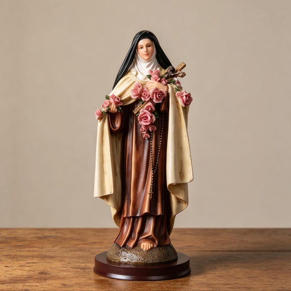 St. Therese Little Flower Statue, Resin Catholic Saint Figurine, Roses Crucifix Rosary Decor