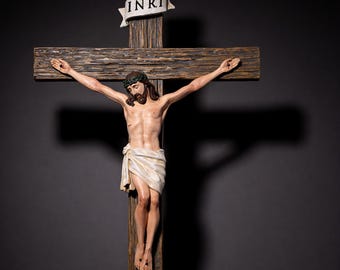 Crucifix Wall Cross 12.6" , Jesus Christ Wall Sculpture, Catholic Home Altar Decor, Religious Gifts