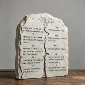 May include: A stone-colored tablet sculpture featuring a rough, natural rock texture and a split design. The surface is engraved with the Ten Commandments in black text, numbered I through X, presenting the full biblical list of moral laws.