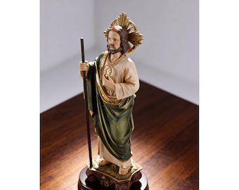 Saint Jude Statue 11.4" Hand-Painted Resin with Wooden Base, San Judas Tadeo Catholic Decor