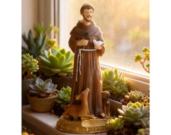 St Francis of Assisi Statue 8.6", Patron of Animals with Dog & Deer, Catholic Saint Figurine, Religious Home Decor, Christian Gift