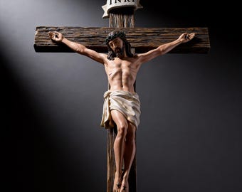 Crucifix Wall Cross 12.6" , Jesus Christ Wall Sculpture, Catholic Home Altar Decor, Religious Gifts