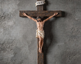 Crucifix Wall Cross 12.6" , Jesus Christ Wall Sculpture, Catholic Home Altar Decor, Religious Gifts