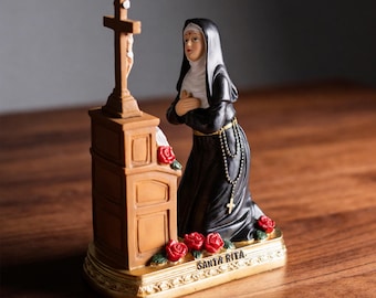Santa Rita Statue 8", Patron Saint of Impossible Causes, Kneeling St Rita of Cascia Figurine with Roses, Catholic Healing Gift for Women
