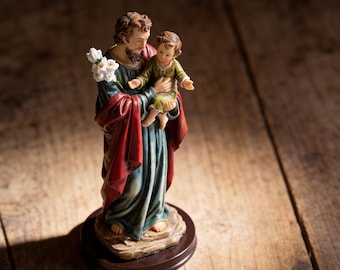 St Joseph with Baby Jesus Statue 9.5", Catholic Figurine with Wooden Base, San Jose Estatua, Patron of Fathers, Religious Gift for Men Dad