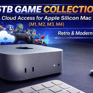 Op de afbeelding: Een zilveren Apple Mac Mini computer met de tekst "5TB GAME COLLECTION" en "Cloud Access for Apple Silicon Mac (M1, M2, M3, M4)". De afbeelding toont retro en moderne gamekarakters en een controller.