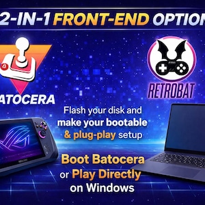 Peut inclure: Image promotionnelle pour une configuration de jeu, avec une console portable, un ordinateur portable et les logos Batocera et Retrobat. Le texte met en avant une option frontale 2-en-1, pour démarrer Batocera ou jouer directement sur Windows.