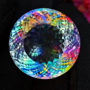 May include: A large, round gemstone with a complex, faceted cut. The gem displays a vibrant array of colors, including blues, greens, yellows, and reds, creating a rainbow effect. The stone is set against a dark background.